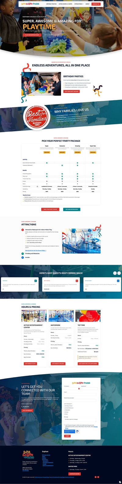 This is a full-page website screenshot for "Super Awesome Amazing," an indoor adventure and party venue. The page features a colorful header with navigation menu, followed by sections highlighting their offerings including "Endless Adventures All in One Place" with images of play areas and birthday parties. The layout includes a "Why Families Love Us" testimonial section, a detailed party package pricing table, an attractions list with icons, customer review cards, a pricing/hours section with three package options, and a contact form at the bottom. The design uses bright colors with orange, blue, and white as the primary color scheme throughout.