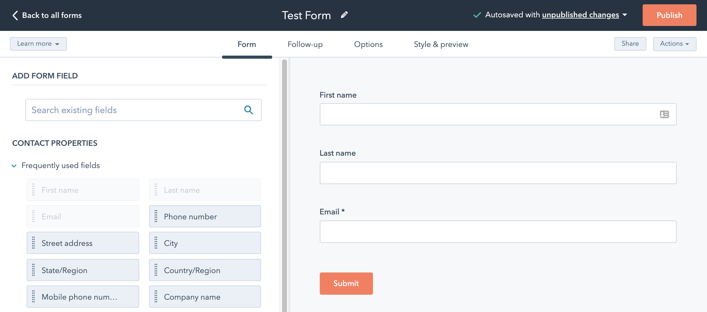 Screen Shot of HubSpot Forms Tool showing First Name, Last Name and Email form boxes