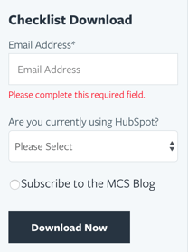 Screenshot of form showing an error message that a form field is not completed