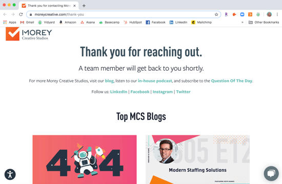 Screenshot of the Morey Creative thank you page that says "thank you for reaching out. A tream member will get back to you shortly." Also provides links to the blog, Inbound & Down Podcast, and Question of the Day.