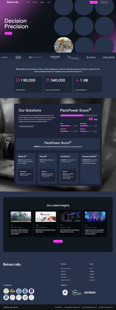 Screenshot of a redesigned Behaviorally website homepage with a dark navy and magenta color scheme. The hero section features the headline "Decision Precision" in large white text against a dark background with circular graphic elements, along with a circular inset image of a retail shelf. A client logo bar displays Philips, Floriol, Colgate-Palmolive, Danone, Edgewell, Essity, and Haleon. Below, the same three statistics appear: 190,000 packs validated, 340,000 visual assets databased, and 1.9 billion observed behaviors. An "Our Solutions" section showcases the PackPower Score with a sample score of 62/100 broken down across four dimensions, followed by a product suite grid listing Studio B, Pack.AI, PackFlash, TransactionPath, PackPath, Claims.AI, and Stories. A "Latest Insights" section displays four article cards. The footer includes product and company links, accreditation badges, and affiliations with ESOMAR and the Insights Association.