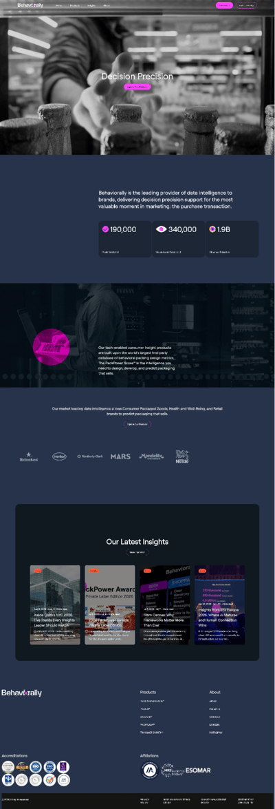 Screenshot of the Behaviorally website homepage. The hero section features a dark, desaturated image of a person reaching for a product on a retail shelf, overlaid with the headline "Decision Precision." Below, a dark navy section describes Behaviorally as a leading provider of data intelligence to brands, citing three statistics: 190,000 products analyzed, 340,000 visual assets reviewed, and 1.9 billion consumer behaviors tracked. A second content section references the company's PackPower Score, described as the world's largest first-party database of behavioral packaging design metrics. Client logos include Heineken, Henkel, Kimberly-Clark, Mars, Mondelēz, and Nestlé. A "Latest Insights" section displays four article cards. The footer includes product links, company information, accreditation badges, and affiliations with ESOMAR and the Insights Association.