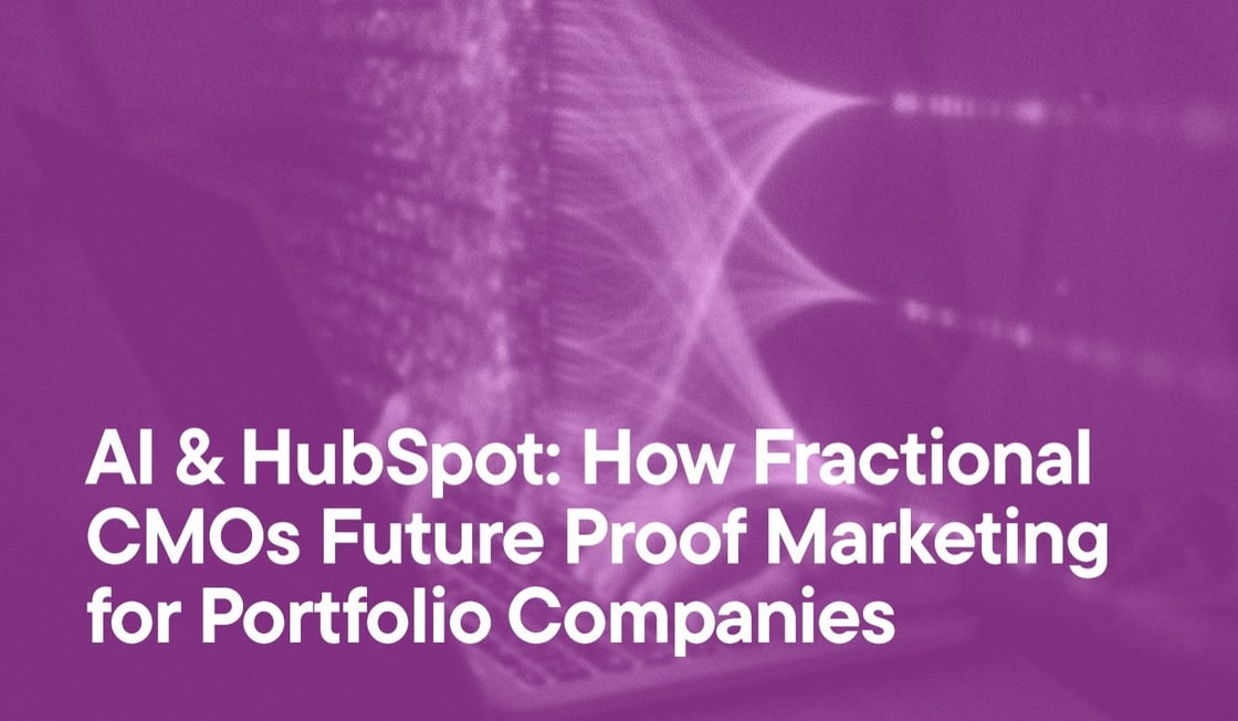 AI & HubSpot - How Fractional CMOs Future Proof Marketing for Portfolio Companies overlayed on an image of a laptop computer and a stream of data coming out of it.