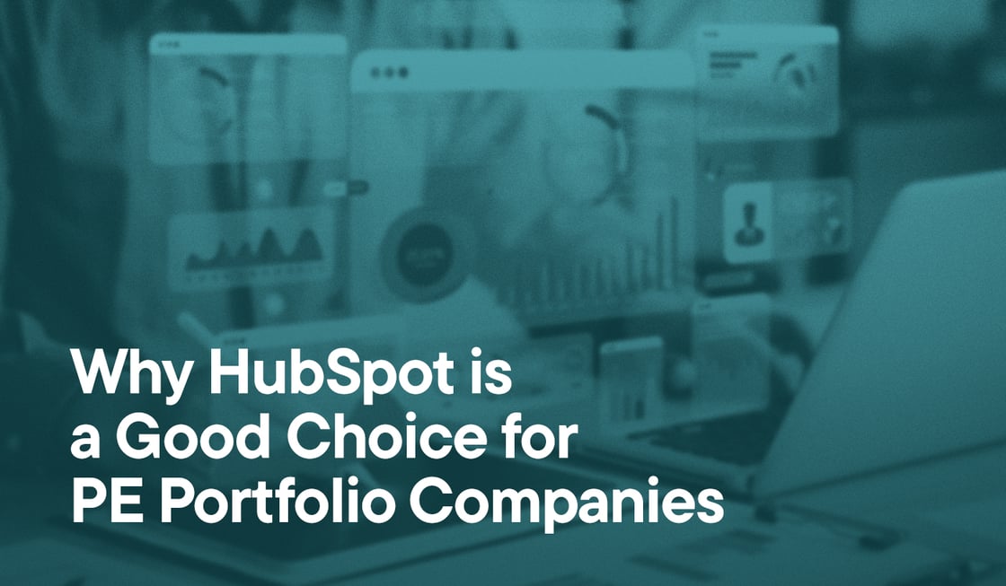 Blurred image of software dashboards floating above computer and text - Why Hubspot is a good choice for PE portfolio companies