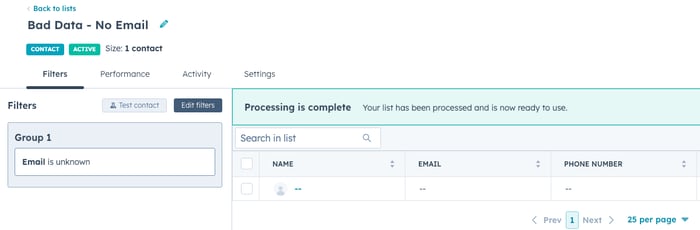 This is a HubSpot contact list interface showing a list called "Bad Data - No Email" with 1 active contact, where the contact's email is marked as unknown and all visible fields (name, email, phone number) display dashes indicating missing data. The interface includes filtering options and shows the list processing is complete and ready to use.