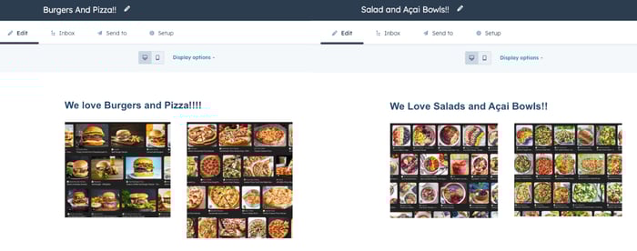 This image shows two side-by-side email templates with food themes. The left template is titled "We love Burgers and Pizza!!!" and displays a grid of burger and pizza photos, while the right template is titled "We Love Salads and Açai Bowls!!" featuring images of colorful salads and healthy bowl dishes.