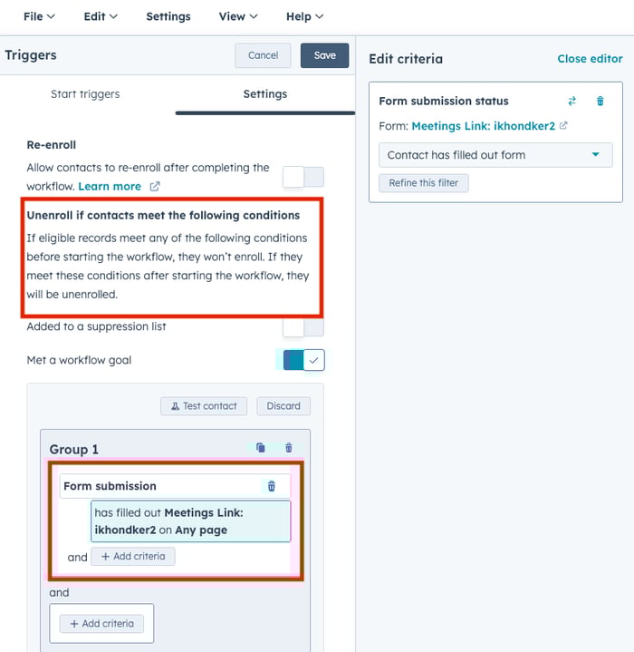This image shows a workflow trigger settings interface with configuration options for contact enrollment and re-enrollment criteria. The main sections include re-enrollment settings, unenrollment conditions (highlighted in a red box), and form submission criteria for a "Meetings Link" form. On the right side is an "Edit criteria" panel showing form submission status settings for the same meetings link form.