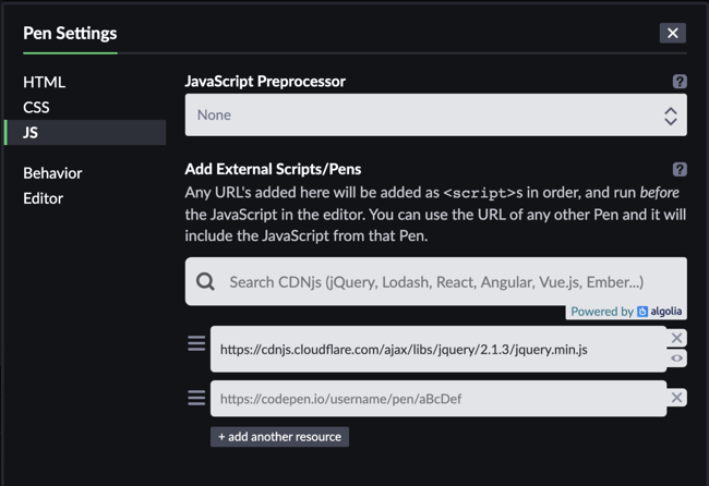 CodePen JavaScript settings