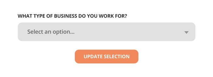 Screenshot of a form field asking "What type of business do you work for?" with a dropdown and update selection button