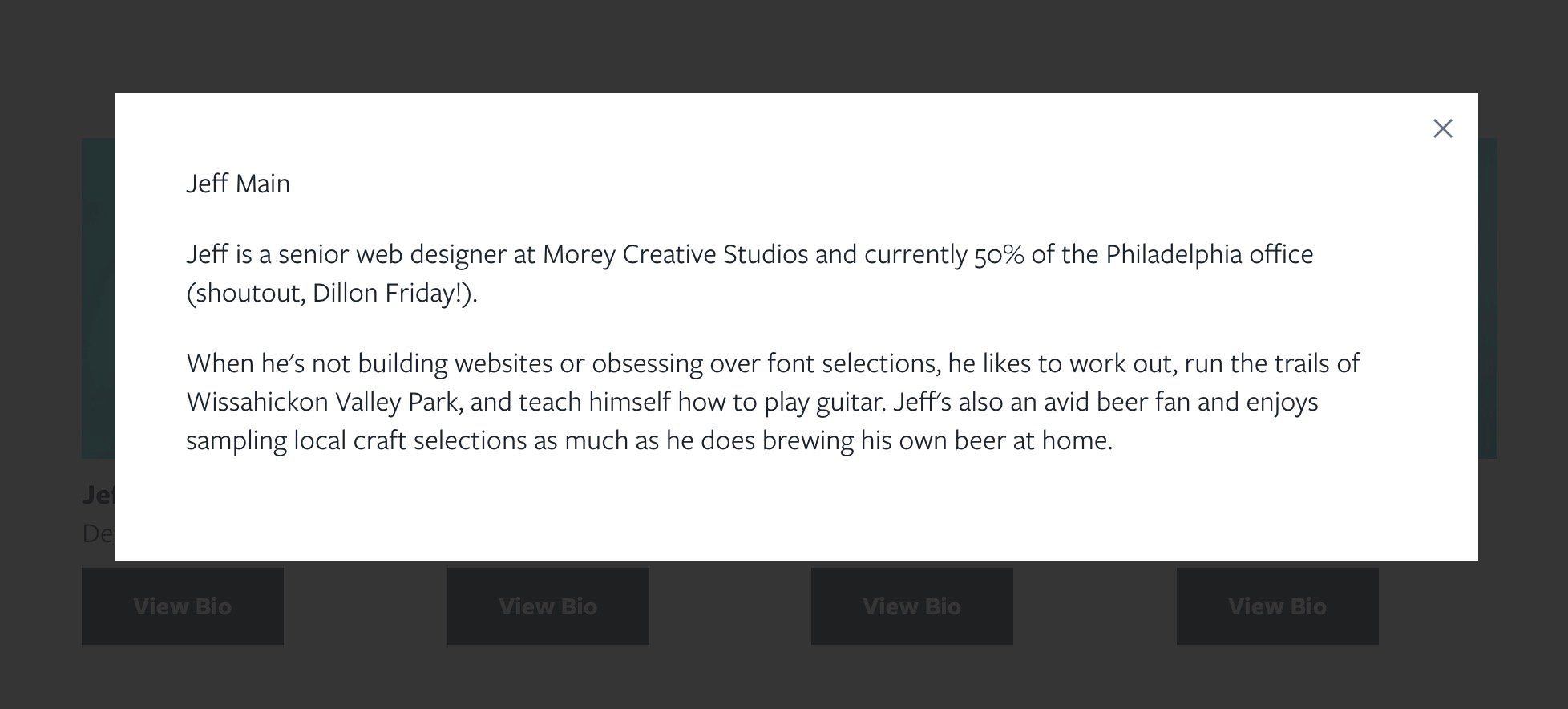 Screenshot of modal with biography text