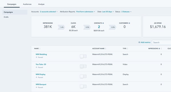 Screenshot of HubSpot Ads Tool