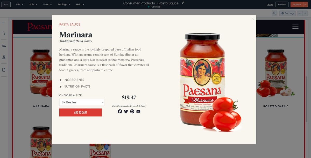 Screenshot of Paesana sauce product popup on HubSpot CMS