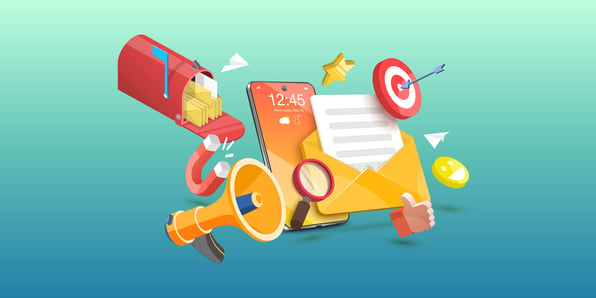 Email marketing illustration; an email icon is surrounded by a thumbs up, magnet, paper airplane, mailbox and stars.