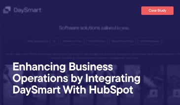 'Enhancing Business Operations by Integrating DaySmart With HubSpot' text on red background of a DaySmart screenshot