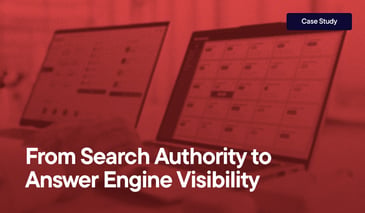  From Search Authority to  Answer Engine Visibility overlayed on an image of someone using nondescript software on a laptop.