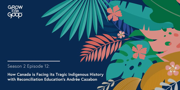 Grow For Good Podcast art- White text that says Season 2 Episode 12 How Canada is Facing its Tragic Indigenous History with Reconciliation Education’s Andrée Cazabon on a dark purple background with tropical flowers