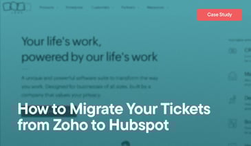 'How to Migrate Your Tickets from Zoho to Hubspot' text over a teal background with a screenshot of Zoho's site.