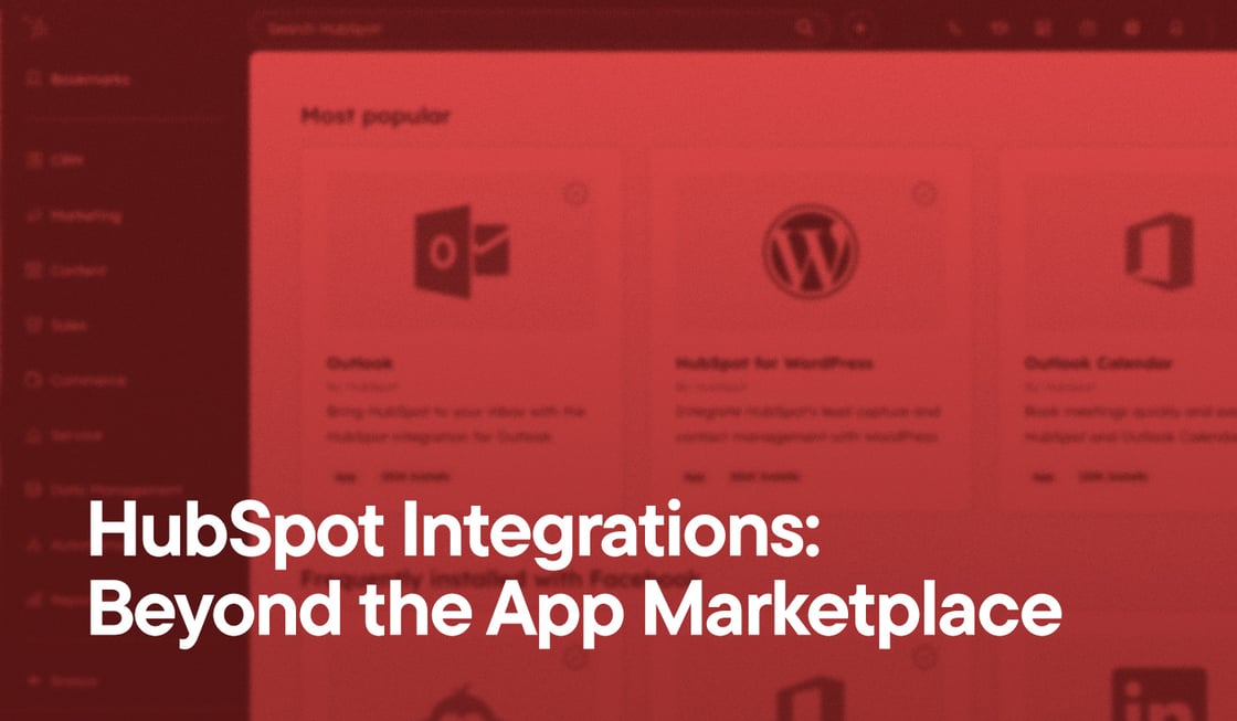 HubSpot Integrations- Beyond the App Marketplace overlayed on a screenshot of the HubSpot App Marketplace. The Outlook, Wordpress, and Outlook Calendar integration buckets are visible