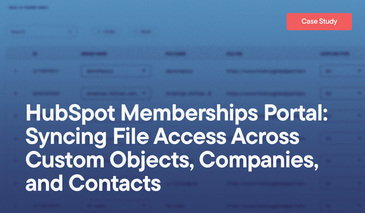 HubSpot Memberships Portal: Syncing File Access Across Custom Objects, Companies, and Contacts overlayed on an obscured screenshot of a HubDB table