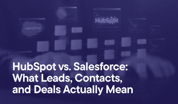 HubSpot vs. Salesforce- What Leads, Contacts, and Deals Actually Mean overlayed on an image of connected data architecture with the Salesforce and HubSpot logos