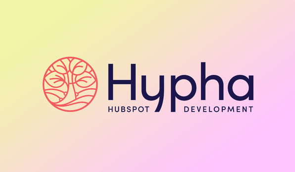 Hypha HubSpot Development logo on a pink and yellow gradient background.