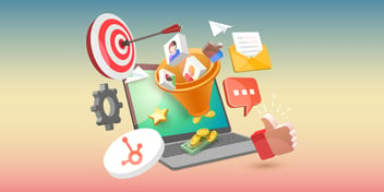 Illustration of a computer with lead conversion icons surrounding it like a bullseye, funnel, email, text bubble and HubSpot sprocket.