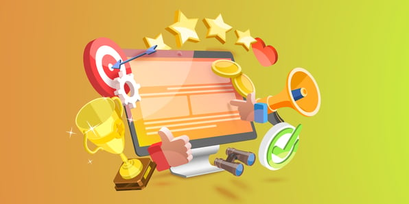 Illustration of mac with design wireframes and icons of stars, target, trophy, thumbs up and coins floating around
