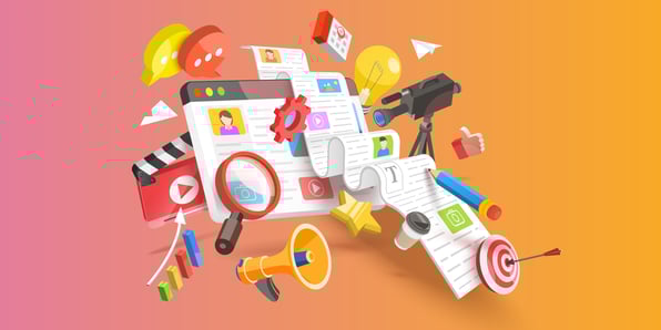 Illustration of website with icons of messaging, chart, video, magnifying glass floating around it