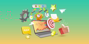 Illustration representing automated marketing; an email, thumbs up, gear, chat message and funnel surround a laptop.