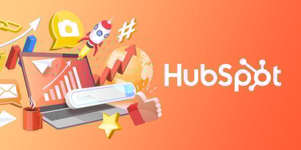 Illustration of a laptop with various web tool icons, next to the HubSpot logo.