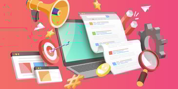Illustration of website with icons of search bar, megaphone and magnifying glass floating around it.