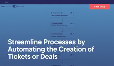 Streamline Processes by Automating the Creation of Tickets or Deals overlayed on a screenshot of a Zapier workflow