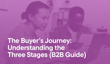 The Buyer’s Journey: Understanding the Three Stages (B2B Guide) overlayed on an image of a woman doing research on her computer and a man reading at the table beside her.