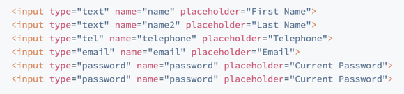 <input type="text" name="name" placeholder="First Name">
