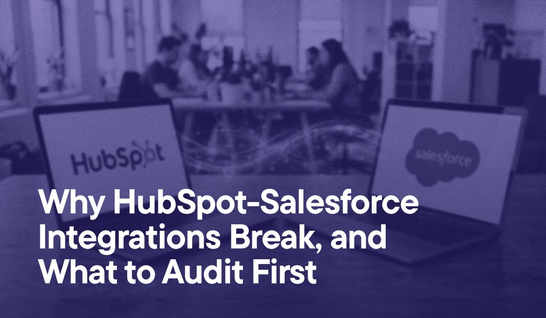 Why HubSpot-Salesforce Integrations Break, and What to Audit First overlayed on an image of two laptop computers, one has the HubSpot logo, the other the Salesforce. Lines appear between them, symbolizing integration