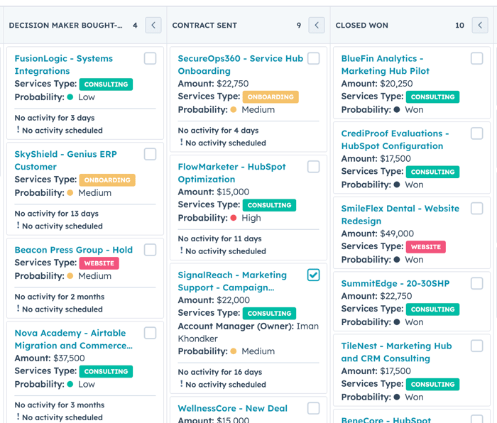 HubSpot deal pipeline with color-coded property values for service type and probability, including labels like Consulting, Onboarding, Website, and statuses such as Low, Medium, High, and Won.