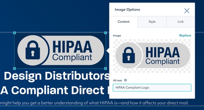HubSpot image module shows the HIPAA Compliant logo and the controls to add alt test. The alt text description set reads "HIPPA Compliant Logo."