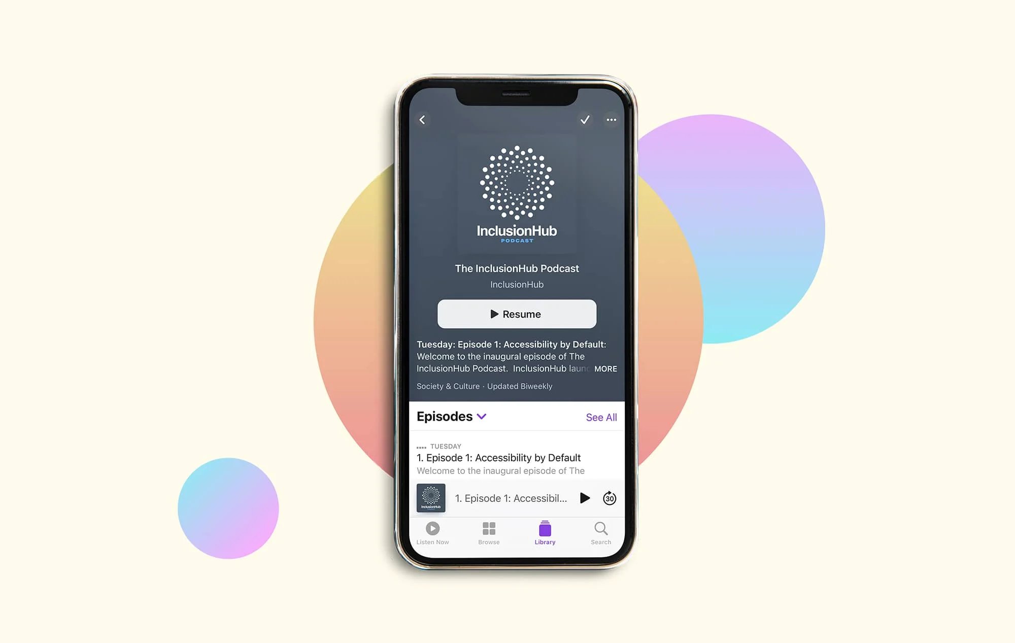 An iPhone open to the InclusionHub Podcast in Apple Podcasts