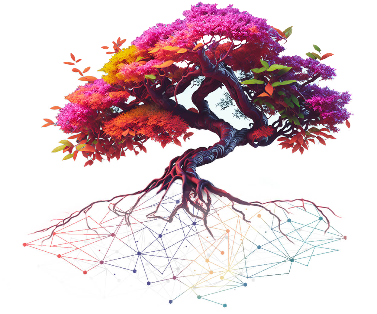 Multicolored tree with roots that turn into colorful tech like line dots
