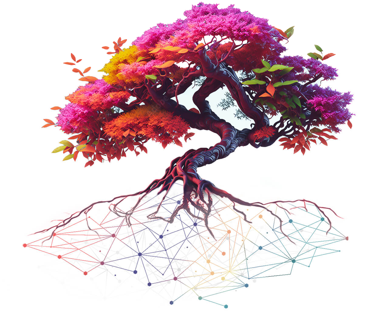 Multicolored tree with roots that turn into colorful tech-style lines and dots.