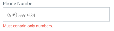 Screenshot of a phone number field on a form with error message that the field must only contain numbers