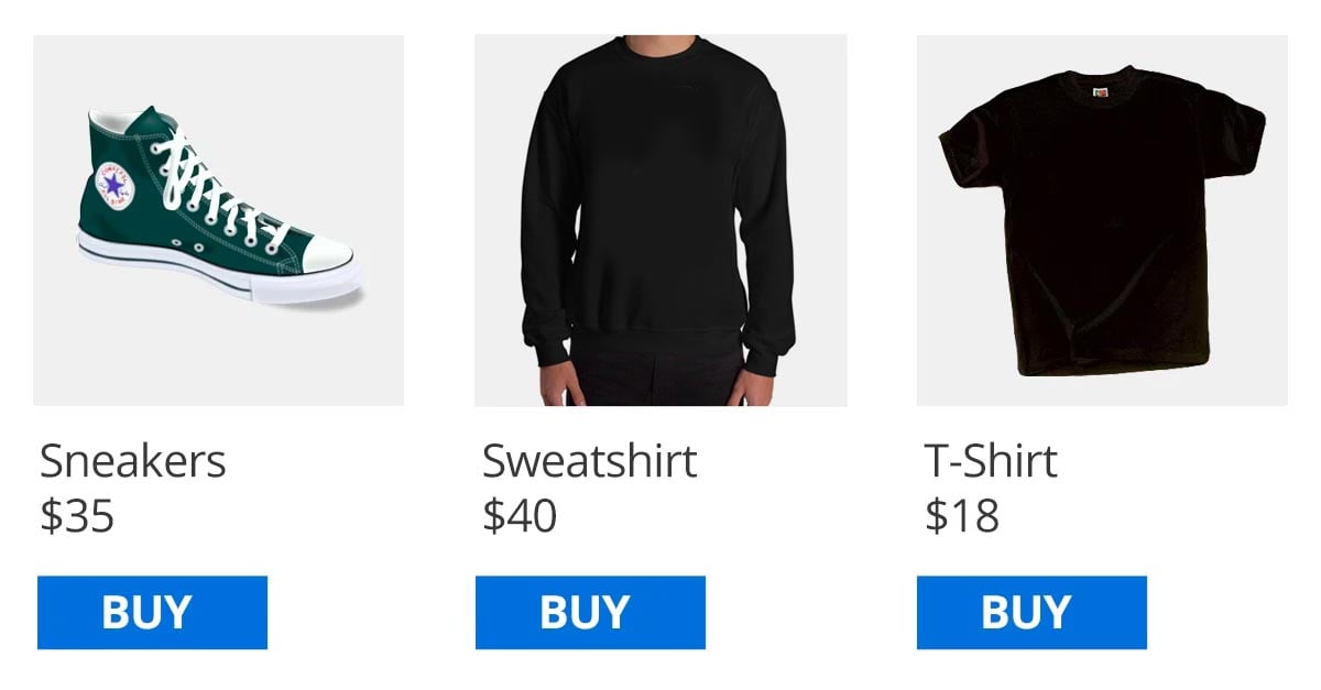 Listing of three different products – all products have a button that says "BUY"
