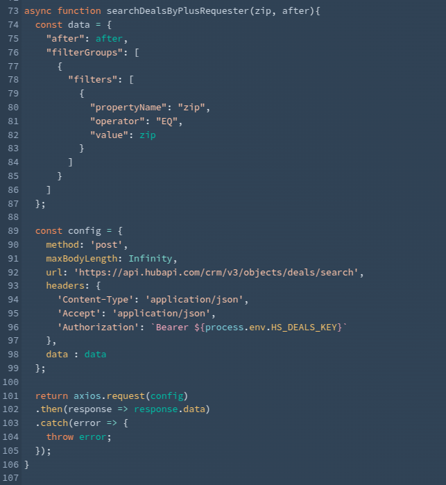 This is a code snippet showing a JavaScript function that sends an API request to search for deals filtered by ZIP code, with configuration for HTTP headers and error handling.
