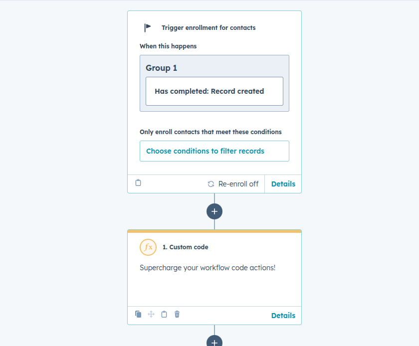 A workflow automation interface with a trigger for contact enrollment that activates when a record is created, followed by a custom code action step that can "supercharge your workflow code actions."