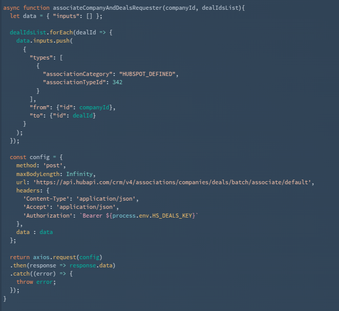 This code snippet displays an async JavaScript function that associates a company with multiple deals by creating a batch request to HubSpot's API, iterating through a list of deal IDs to build data objects with association details that are then sent via axios to the HubSpot associations endpoint.