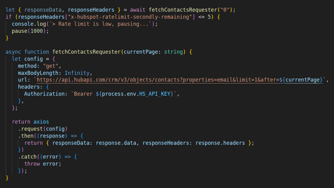 JavaScript code that implements rate limiting for HubSpot API requests, checking the "x-hubspot-ratelimit-secondly-remaining" header and pausing execution when fewer than 5 requests remain. The code includes an async function that fetches contact data from the HubSpot API using axios with proper authentication headers.