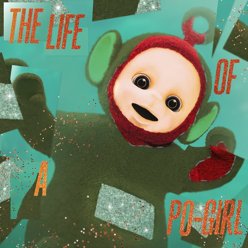 Po the red Teletubbie in water with sparkly orange text 'The Life of A Po-Girl'