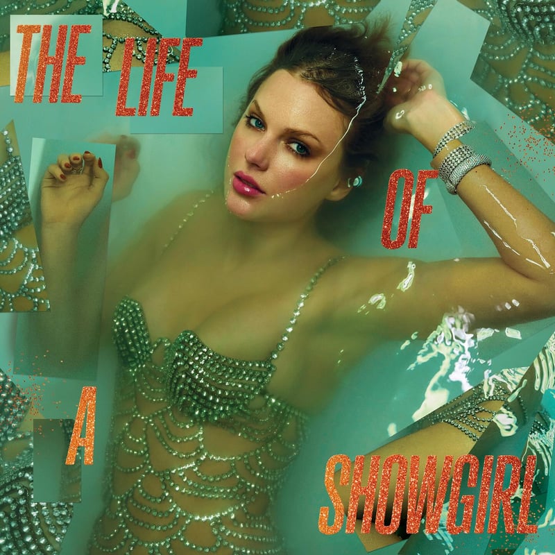 Taylor Swift laying in water wearing a shiny silver corset and sparkly orange text 'The Life of a Showgirl'