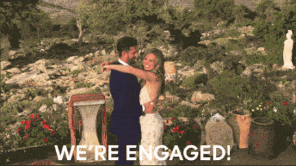 A couple from the Bachelorette saying 'We're engaged'