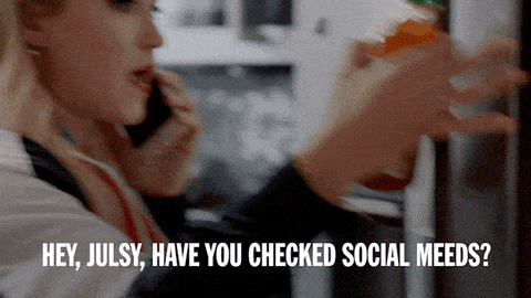 A girl saying, 'Hey, Julsy, have you checked social meeds?'